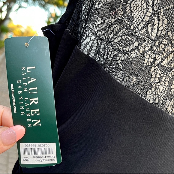 Ralph Lauren Evening Black Dress Size 14 Sleeveless Lace Back Stretch Ruched - Picture 12 of 15